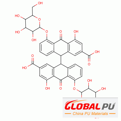 517-43-1 5,5'-bis(<em></em>β-C-glucopyranosyloxy)-9,9',10,10'-tetrahydro-4,4'-dihydroxy-10,10'-dioxo[9,9'-bianthracene]-2,2'-dicarboxylic acid